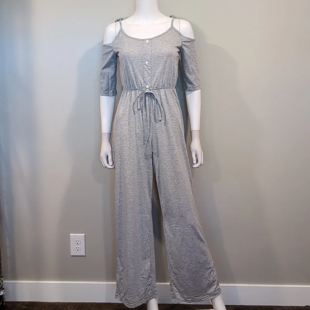 SHEIN Light Gray Tie Strap Off Shoulder Elastic Waist Relaxed Leg Jumpsuit Small
